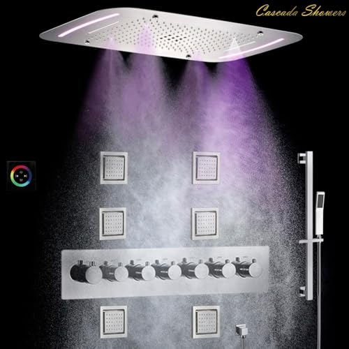 Cascada Luxurious Design 17"x28" Recessed LED Shower System with 6 Functions (Rainfall, Waterfall, Rain Curtain, Misty, 4"Body Jets & Handheld), & Shower Sliding Bar (Polished Stainless Steel) - color: Polished Stainless Steel