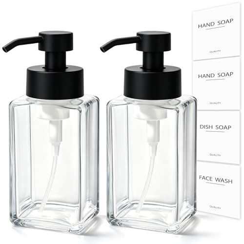 Foaming Soap Dispenser, 12oz/350ml Glass Foaming Hand Soap Dispenser Set, 2Pcs Refillable Foam Soap Dispenser With Foaming Pump, Labels, Square Foam Soap Hand Dispenser For Bathroom, Kitchen - color: Clear Bottle