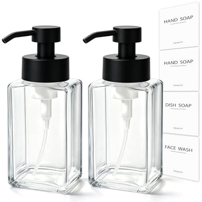 Foaming Soap Dispenser, 12oz/350ml Glass Foaming Hand Soap Dispenser Set, 2Pcs Refillable Foam Soap Dispenser With Foaming Pump, Labels, Square Foam Soap Hand Dispenser For Bathroom, Kitchen - color: Clear Bottle