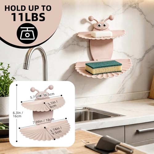 Double-Deck Soap Dish Holder for Shower, Bee Shape Wall Mounted Soap Holder with Strong Adhesive, Self Draining Soap Tray, No Drilling Bathroom Accessories, Nordic Pink - size: 7"×6.5"