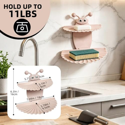 Double-Deck Soap Dish Holder for Shower, Bee Shape Wall Mounted Soap Holder with Strong Adhesive, Self Draining Soap Tray, No Drilling Bathroom Accessories, Nordic Pink - size: 7"×6.5"