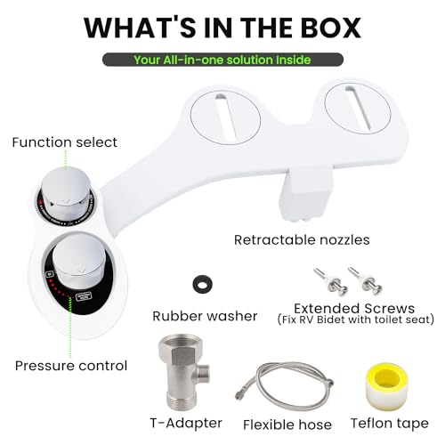 RV Bidet Toilet Seat Attachment, RV Bidet for Camper Toilet with Dual Nozzles, Self/Rear/Front Cleaning, Non-Electric, Adjustable Water Pressure, Fresh Water (Chrome Knob) - color: Chrome