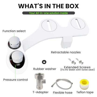 RV Bidet Toilet Seat Attachment, RV Bidet for Camper Toilet with Dual Nozzles, Self/Rear/Front Cleaning, Non-Electric, Adjustable Water Pressure, Fresh Water (Chrome Knob) - color: Chrome
