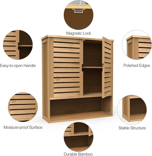 Bamboo Bathroom Cabinet,Bathroom Wall Cabinet with 2 Doors & 3 Tier Shelves | Medicine Cabinet,Over the Toilet Storage Cabinet,Bamboo Wall Storage Cabinet for Laundry Room & Living Room Kitchen