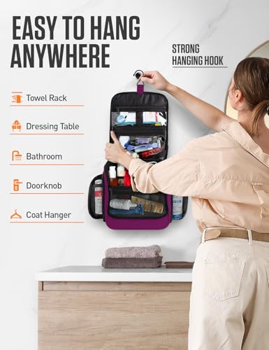 VENTURE 4TH Hanging Travel Toiletry Bag, 18 Compartments - Purple | Hangs on rails, hooks or doors; stands upright. Removable TSA pouch. Water-resistant Nylon 290D Twill, reinforced stitching. - color: Purple