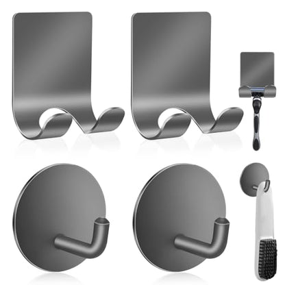 Razor Holder 304 Stainless Steel for Shower + Adhesive Sticky Heavy Duty Waterproof Wall Hooks, Premium for Hanging Towels, Coat, hat (2+2 Pack) - Grey - color: Grey-4pcs