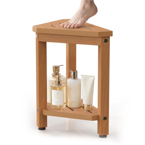 Waterproof Shower Foot Rest 14in, HIPS Small Stool for Bath Corner, Brown | Ideal height for shaving legs, Low maintenance, Luxury wood-look texture, For inside shower, Storage shelf, Non-Slip feet - color: Teak-color