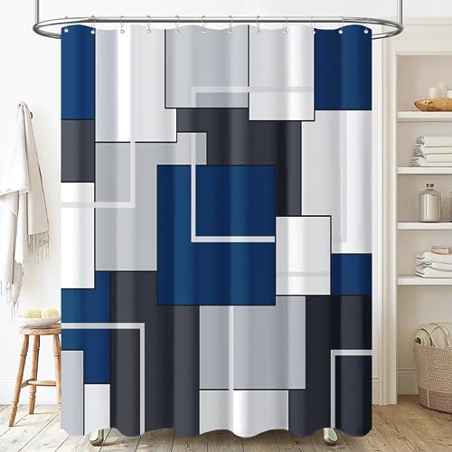 54x78 Modern Geometric Waterproof Fabric Shower Curtain Set, Navy Blue | Narrow Long, Premium Polyester, Weighted Hem, 10 Plastic Hook, Vibrant Color, Wrinkle-resistant, Quick-Dry, Machine Washable - color: Navy Blue, size: 54"W x 78"L (Pack of 1)