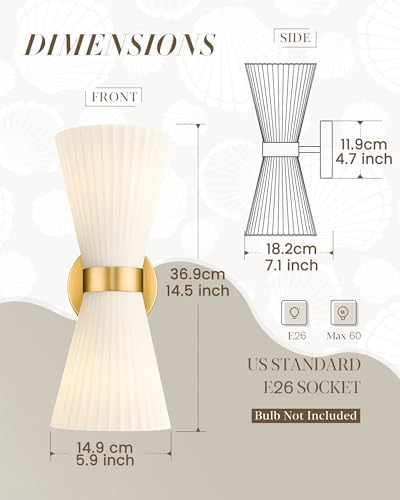 Gold Sconce Wall Lighting, HWH Single Wall Vanity Light Fixture Brushed Gold Wall Sconce Lamp, Modern Indoor Up Down Wall Light with Frosted Milk White Striped Glass Shade, 5HZG97B-2W BG - color: Brushed Gold, size: 2-Light