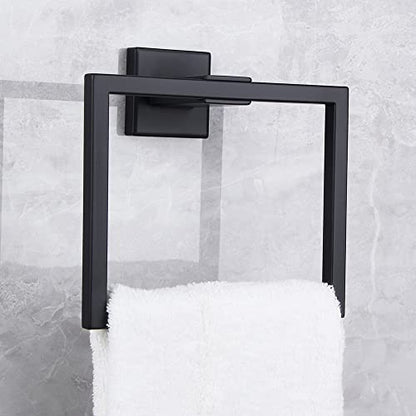Matte Black Hand Towel Holder for Bathroom SUS 304 Stainless Steel Towel Ring Simple Square Towel Hanger Heavy Duty Hand Towel Racks Wall Mount - color: Black