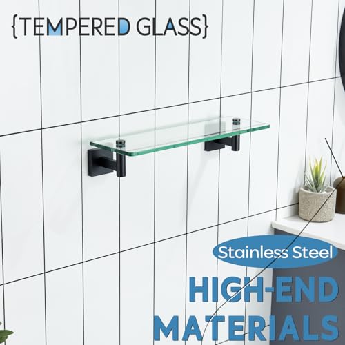 KOKOSIRI Bathroom Shelves Glass Floating Shelf 16-Inch for Bedroom, Living Room, Kitchen, Small Hanging Rack Rustproof Wall Mounted Black B1105BK-L16 - color: Matte Black, size: 16-Inch