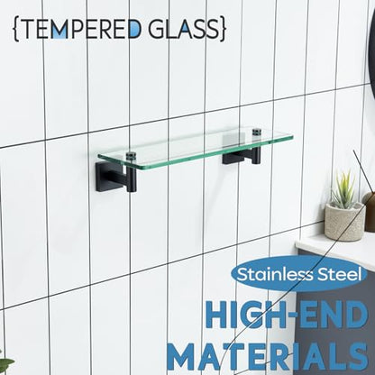KOKOSIRI Bathroom Shelves Glass Floating Shelf 16-Inch for Bedroom, Living Room, Kitchen, Small Hanging Rack Rustproof Wall Mounted Black B1105BK-L16 - color: Matte Black, size: 16-Inch