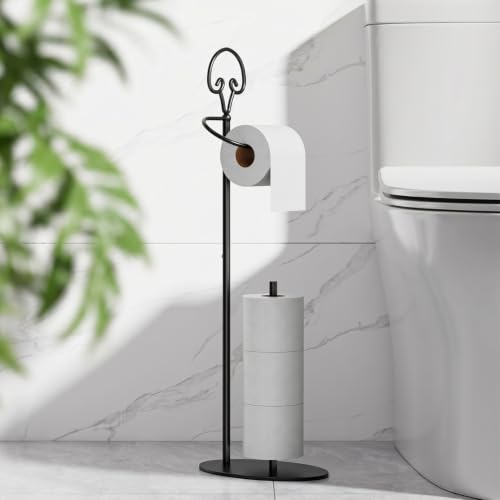 Toilet Paper Holder Stand with Dispenser,Free Standing, Classic,Black | Rustproof,Holds 4 Mega Rolls, Anti-Slip Base, Easy Grip Top,Raised Waterproof Base,Minimalistic Toilet Paper Storage Solution
