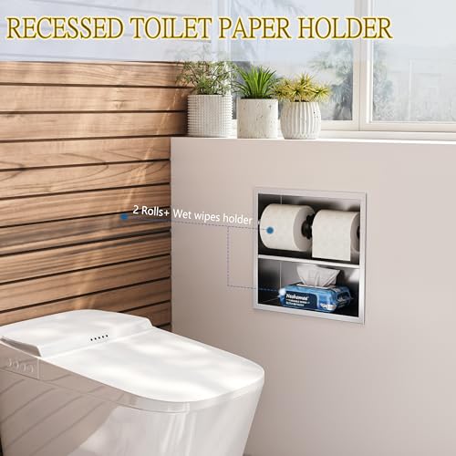 Neodrain Brushed Recessed Toilet Paper Holder,Double Layer,Wet Tissue | Space-Saving Wall Niche Cabinet Storage, Rustproof & Durable,For Bathroom, Kitchen & Vanity - color: Brushed