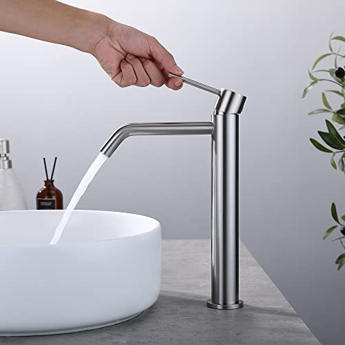 Vessel Sink Faucet Brushed Nickel, JXMMP Bathroom Sink Faucets Without Overflow Pop Up Drain and Water Faucet Supply Lines, Stainless Steel SpotShield Bathroom Faucet for Sink 1 Hole, JXM1001BN - color: Brushed Nickel, size: Tall Faucet