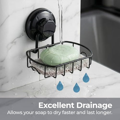 HASKO accessories Suction Soap Dish with Hooks - Super Powerful Vacuum Suction Cup Shower Soap Holder - Rustproof Stainless Steel SS304 Soap Basket - Sponge Holder for Bathroom & Kitchen (Black) - color: Black