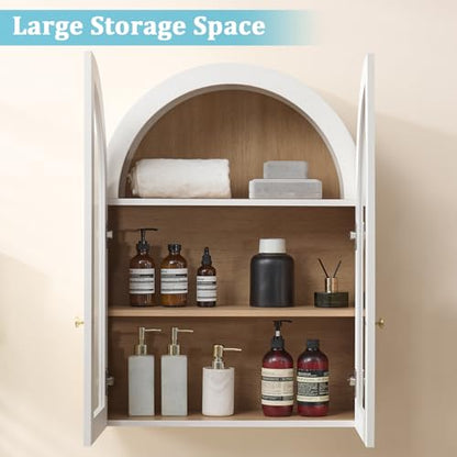 Bathroom Arched Wall Cabinet, 23.5'' Wide Medicine Cabinet, Bathroom Cabinet Wall Mount with Glass Doors & Adjustable Shelves, Over The Toilet Storage Cabinet for Laundry Room, Bedroom,Kitchen, White - color: White