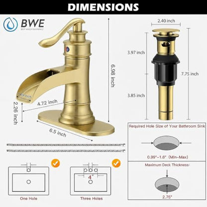 BWE Brass Gold Waterfall Sink Faucet for Modern & Traditional Bathroom | Wide Waterfall Spout, Ceramic Cartridge, Fits 1 or 3-Hole Sink, Single Handle, Hardware Kit Included, Not for Vessel Sink - color: Gold