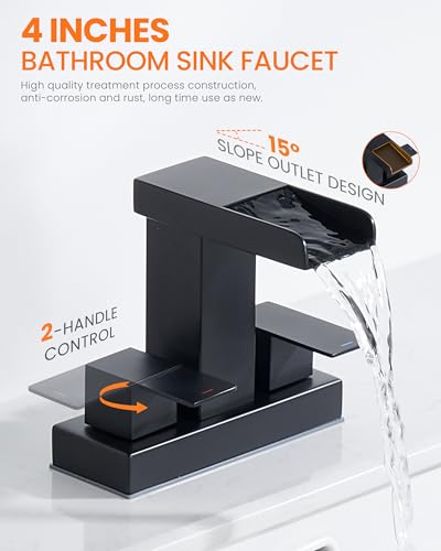 Waterfall Bathroom Faucet 2 or 3 Holes, Matte Black Bathroom Sink Faucet, 4 Inch Centerset Faucets, 2 Handles Waterfall Vanity Faucets, Pop Up Drain Assembly Included - color: Matte Black