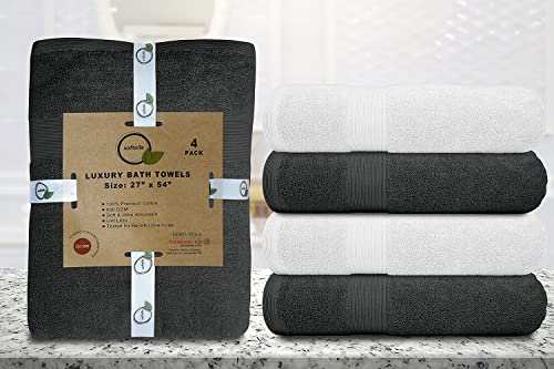 Luxury Bath Towels Set of 4 (27” x 54”) | Towels for Bathroom | Super Soft | Highly Absorbent Towels for Home, Spa, Gym (Grey-White) - color: Grey/White