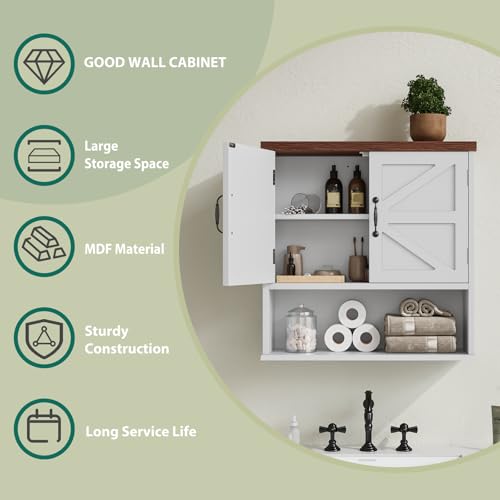 Smuxee Farmhouse Bathroom Cabinet Wall Mounted, White Medicine Cabinet with Adjustable Shelf, Bathroom Cabinet for Living Room, Laundry Room - color: White, size: Big