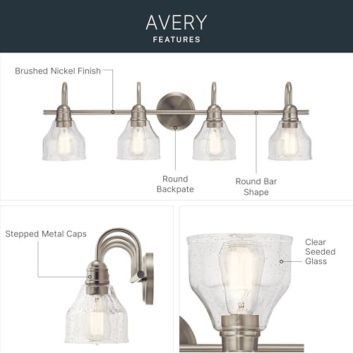 Kichler Avery 33.25" 4 Light Bathroom Vanity Light in Brushed Nickel, Vintage Bathroom Wall Mount Fixture with Clear Seeded Glass, (33.25" W x 9.25" H), 45974NI