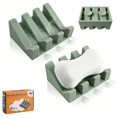 Soap Dish Holder for Shower with Suction Cup, Silicone Soap Holder & Saver Self-Draining Bar Soap Dish Keeps Soap Dry for Bathroom, Kitchen, Bathtub (Green,2-Pack) - color: Green,2-pack