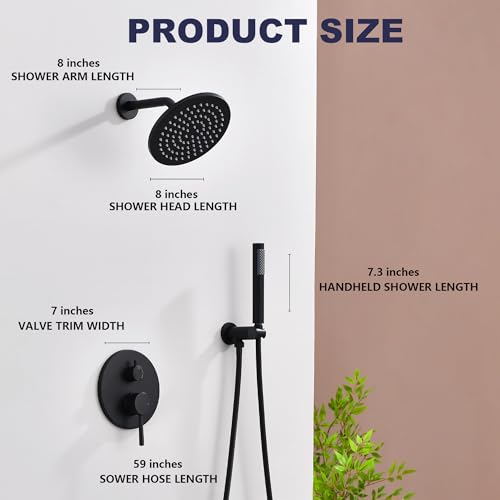 Shower System, All Metal Black Shower Faucet Set, Matte Black | 8" Rainfall Shower Head and Handheld Spray Combo, Round Shower Head and Handle Set with Valve and Trim Kit - color: Matte Black