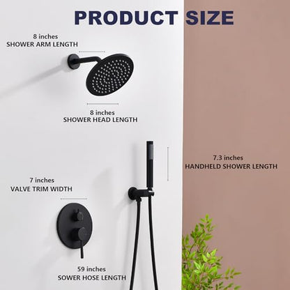 Shower System, All Metal Black Shower Faucet Set, Matte Black | 8" Rainfall Shower Head and Handheld Spray Combo, Round Shower Head and Handle Set with Valve and Trim Kit - color: Matte Black