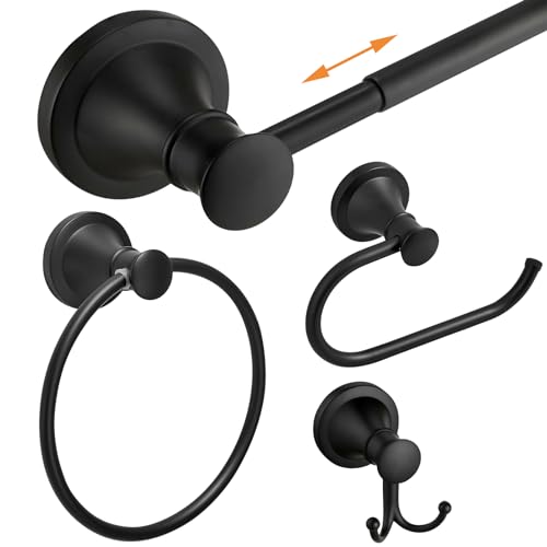 Hoimpro Matte Black 4-Piece Bathroom Bath Set, Wall Mount Bathroom Hardware Fixture (Adjustable Towel Bar Rack, Towel Ring Holder, Paper Towel Holder, Double Towel Hook), Bathroom Accessories - color: Matte Black