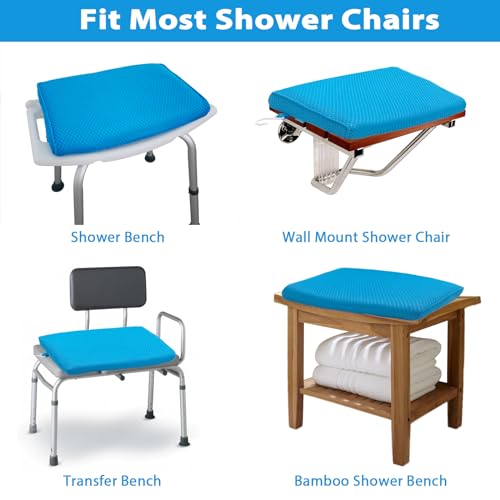 AEROiVi Shower Seat Cushion Non-Slip Silicone Bottom 3D Mesh Washable Blue | Soft Shower Chair Cushion for Benches Quick Drying Washable Mat 3D Mesh Pad with Hook Design Elderly Handicap Disabled - size: Blue
