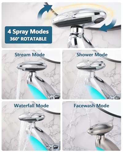 Pull Out LED Bathroom Faucet, Single Handle Waterfall Bathroom Sink Faucet, 3 Colors Light Changing Stainless Steel Vanity Faucets, 360° Rotating LED Faucets 1 Hole, 1 Pack, Chrome - color: Chrome