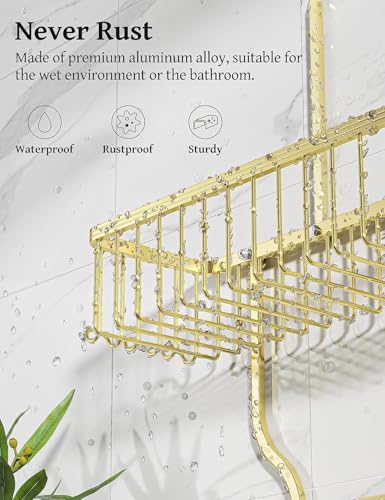Never Rust Shower Caddy Hanging, Aluminum Shower Racks for Inside Shower, 3-Tier Shower Organizer Hanging Over Shower Head with Hooks and Soap Holder, Gold - color: Gold