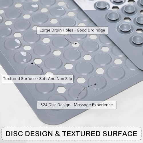 Non-Slip Bathtub and Shower Mats, Power Grip Bath Mat 35 x 16.3 Inch with Suction Cups and Drain Holes for Tub Bathroom Floor Safety, Machine Washable Soft Bathmat, Gray - color: Gray