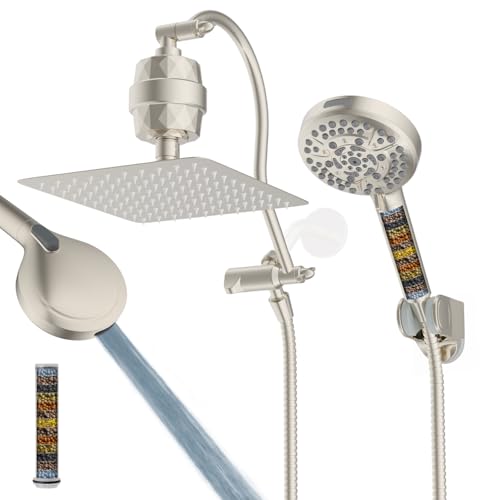 Hibbent All Metal 10'' Filtered Rainfall Shower Head Combo, High Pressure Handheld Shower Head with 12'' Adjustable Curved Extension Arm, 20 Stage Shower Filter, 10-spray, 71'' Hose, Brushed Nickel - color: Brushed Nickel, style: Square 10'' with Filter