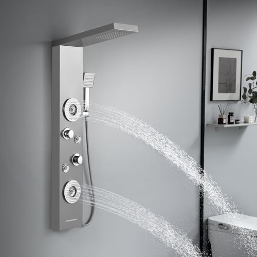 ROVATE 5 in 1 Rainfall Shower Panel Tower with Tub Spout, Brushed Finish | Stainless Steel Shower Column with 2-Setting Body Massage Jets, Flexible Handheld and Waterfall Tub Spout - color: Brushed Finish