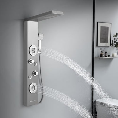ROVATE 5 in 1 Rainfall Shower Panel Tower with Tub Spout, Brushed Finish | Stainless Steel Shower Column with 2-Setting Body Massage Jets, Flexible Handheld and Waterfall Tub Spout - color: Brushed Finish
