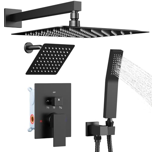 Shower System Shower Faucet Set, STARBATH 12"+6" Wall Mount Rain Shower Head and Handheld Spray for Two Person, Rainfall Shower System with Diverter Valve and Trim Kit Complete,Matte Black - color: Matte Black, size: 12"+6"-1