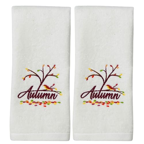 Serafina Home Fall Bathroom Fingertip Towels– Set of 2 12 x 18 Inches Embroidered Autumn Branch with Colorful Leaves & Bird Design- Fall Décor for Bath and Kitchen - color: Autumn Branch
