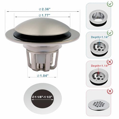 WELSAN Brushed Nickel Sink Stopper Bathroom Drain 1 1/8"-1 1/2", 2 Pack | Bathroom Sink Stopper Replacement, Universal Pop-Up Drain Stopper Plug Strainer with Hair Catcher, Anti-Clogging Design - color: Brushed Nickel-2