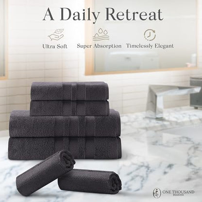 Premium Staple Cotton Bathroom Towel Set - Dark Gray 600 GSM 6-Piece Luxury Bath Towel Set 3 Stripe - 2 Bath Towels, 2 Hand Towels & 2 Washclothes Set - High Absorbent & Quick Dry for Gym, Spa, Hotel - color: Dark Gray - 3 Stripe