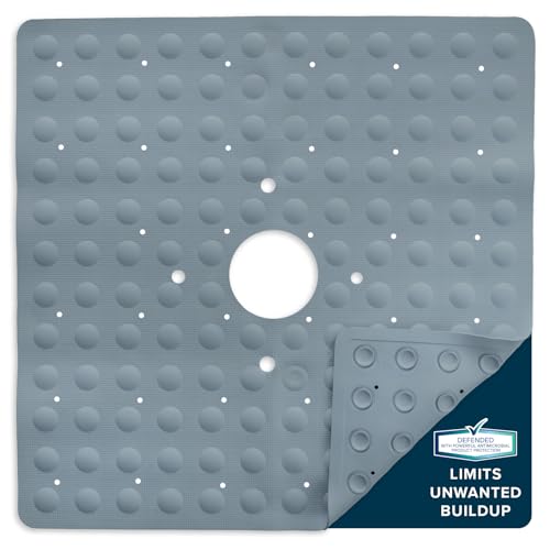 SlipX Solutions 21"x21" Mildew Resistant Non Slip Shower Stall Mat, Gray | Soft Durable Rubber Underfoot, Product Protection, 140 Power Grip Suction Cups, Center Drain Hole - color: Gray
