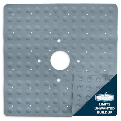 SlipX Solutions 21"x21" Mildew Resistant Non Slip Shower Stall Mat, Gray | Soft Durable Rubber Underfoot, Product Protection, 140 Power Grip Suction Cups, Center Drain Hole - color: Gray