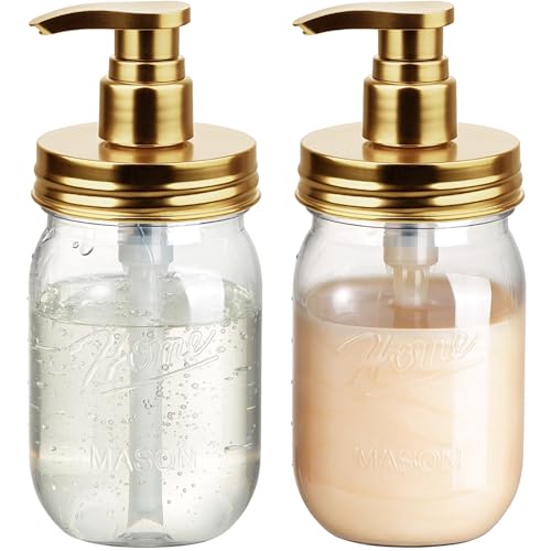 Amolliar Plastic Mason Jar Soap Dispenser with Pump Lid 16OZ -2 Pack Gold | Refillable BPA-Free Hand Soap Dispenser Set with Cute Lables, Farmhouse Decor for Kitchen Bathroom Liquid Dish Soap Lotion - color: Gold