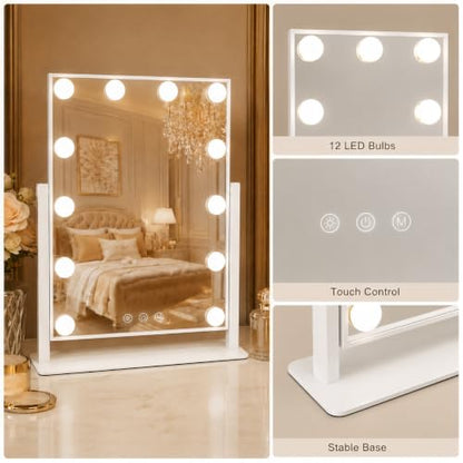 FENNIO Lighted Vanity Mirror, 13" x 16", 12 LED Bulbs, White | Vertical 12-light makeup mirror with 360° rotation, compact size, and a clean white vanity look. - size: 13"L x 17"W