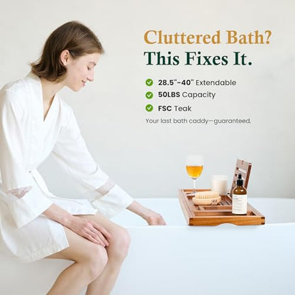 Teak Bathtub Tray Caddy, Adjustable Wood Bath Organizer | Natural Teak Wood Finish, Built-In Wine Holder, Tablet & Book Stand, Water-Resistant Seal, Fits Most Tubs - color: Classic Teak Finish