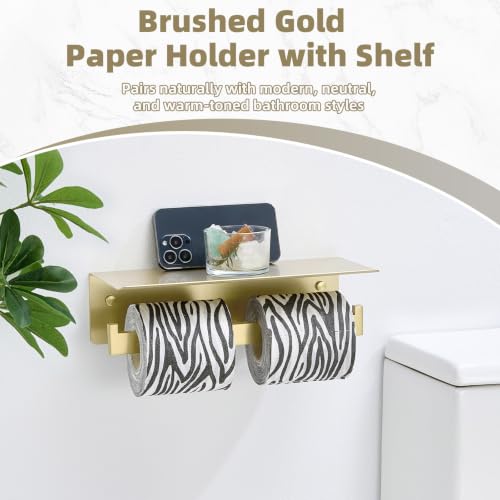 Brushed Gold Double Toilet Paper Holder with Shelf, 304 Stainless Steel Wall Mount Tissue Roll Holder for Bathroom - color: Brushed Gold, size: Double Rod
