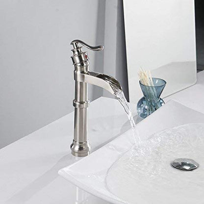 Waterfall Vessel Sink Faucet Single Hole Brushed Nickel | Bath Vanity, Commercial Deck Mount, Single Handle, Pop Up Drain and Supply Lines Included, Smooth Round Safe Edges - color: Brushed Nickel