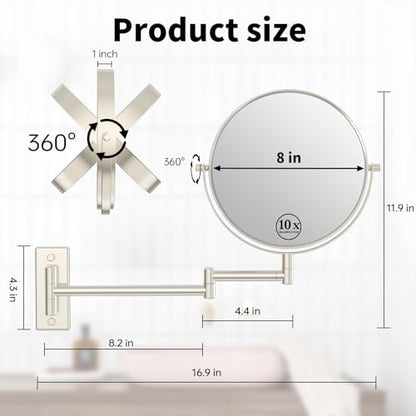 8" Wall Mount Makeup Mirror with 1X 10X Magnification, Brushed Nickel | Double-sided Wall Mounted Magnifying Mirror with Swivel Extendable Arm for Bathroom - color: Brush Nickel-no Lights