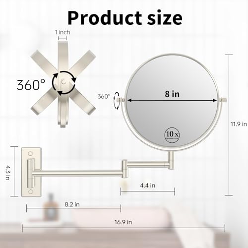 8" Wall Mount Makeup Mirror with 1X 10X Magnification, Brushed Nickel | Double-sided Wall Mounted Magnifying Mirror with Swivel Extendable Arm for Bathroom - color: Brush Nickel-no Lights